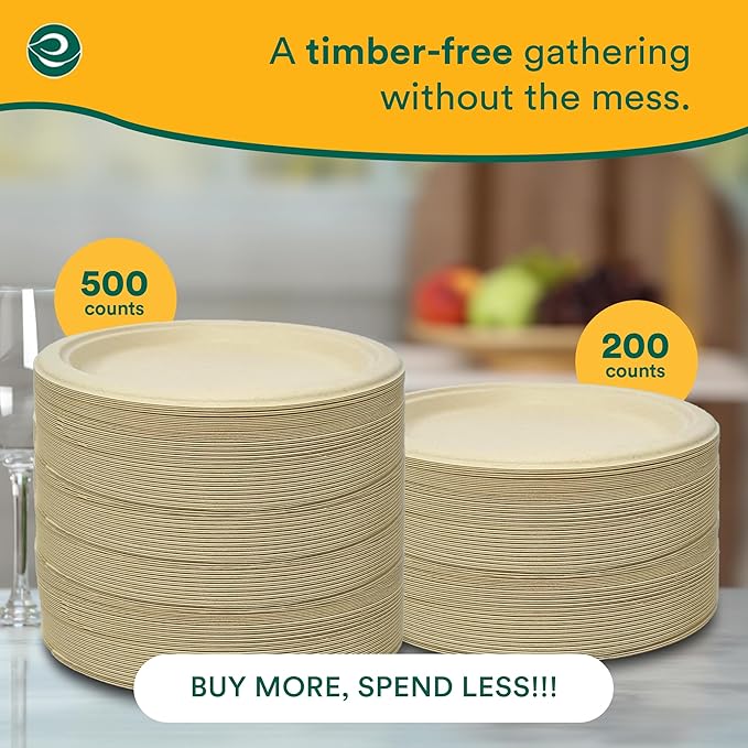 ECO SOUL 9 Inch Compostable Disposable Paper Plates [200 Pack] Food Safe 100% Virgin Bagasse Pulp Heavy Duty Biodegradable Microwave Safe Large Round Dinner Plate for Party Picnic &amp BBQ (Brown)
