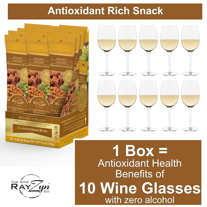 Wine RayZyn® - Sea Salt Caramel ChardonayZyn® (12 pack) – Hand Harvested Dried Chardonnay Wine Raisins® from Napa Valley enrobed in delicious sea salt caramel – The Healthier Golden Raisin with a Natu