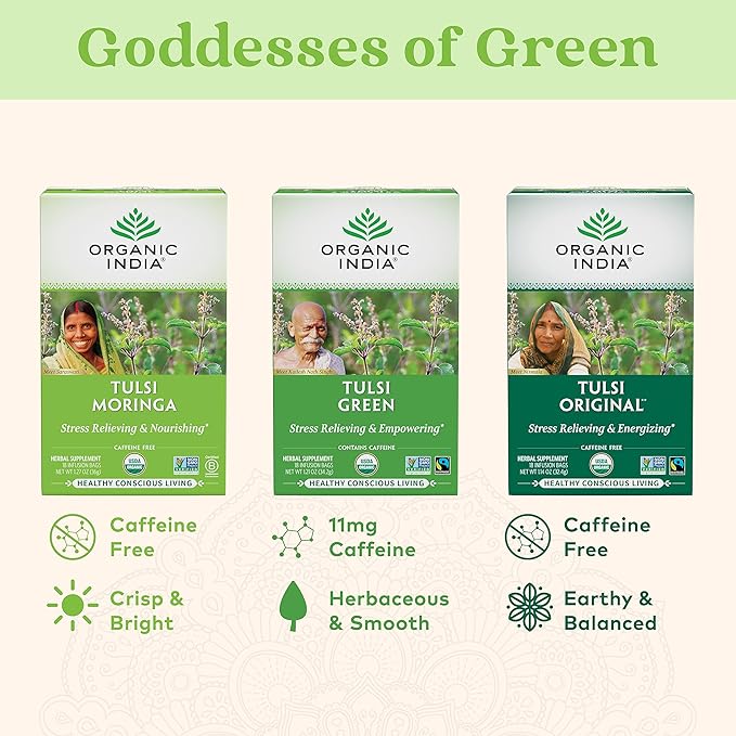 Organic India Tulsi Moringa Tea Bags - Holy Basil Lemongrass Moringa Leaves Stress Relieving &amp Nourishing Immune Support Tea Vegan Certified Organic Caffeine-Free - 18 Infusion Bags 1 Pack