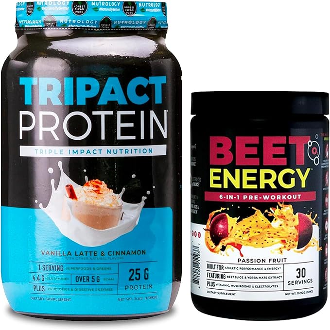 Nutrology TRIPACT Protein Powder 7-in-1 Meal Replacement Shake Vanilla Latte Cinnamon Flavor (40 Servings) Beet Natural O2 Pre Workout Powder Passion Fruit Flavor (30 Servings)