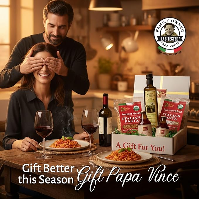 Papa Vince Italian Food Basket - Gourmet Gifts for Adults &amp Families Made in Italy with Organic Pasta Sauce &amp Olive Oil from our family in Sicily