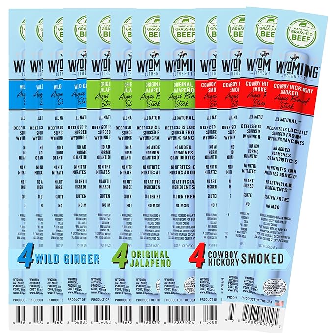 Wyoming 100% Grass Fed Beef Sticks - 4X Each Flavor - Cowboy Hickory smoke Wild Ginger &amp Original Jalapeno - Clean Tasty Meat Sticks snacks with 6g of protein made with Angus Beef Sticks Nitrate