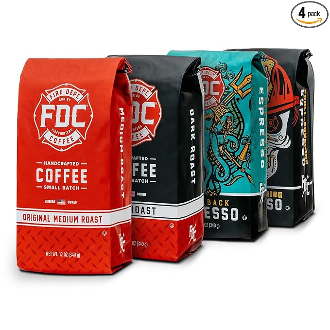 Fire Department Coffee - Gives Back to Firefighters - Rescue Variety Pack - Ground Coffee - Medium Dark Shellback Espresso &amp Skull Crushing Espresso - Veteran Owned (12 oz Pack of 4)