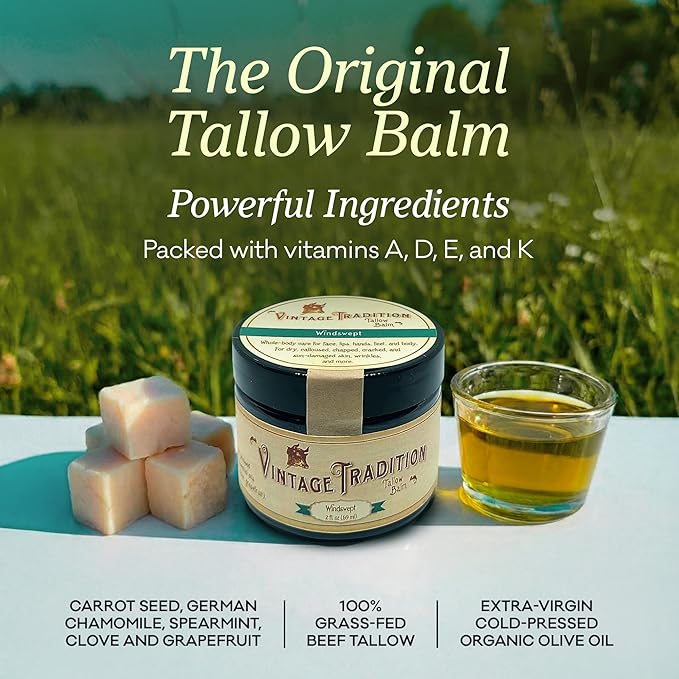 Vintage Tradition Beef Tallow All Purpose Balm - Healing Hydrating Weather-Protecting Skin Care Salve Replaces Body Lotion Hand Cream More - Essential Oil Olive Oil and Grass-Fed Tallow 2 fl oz.