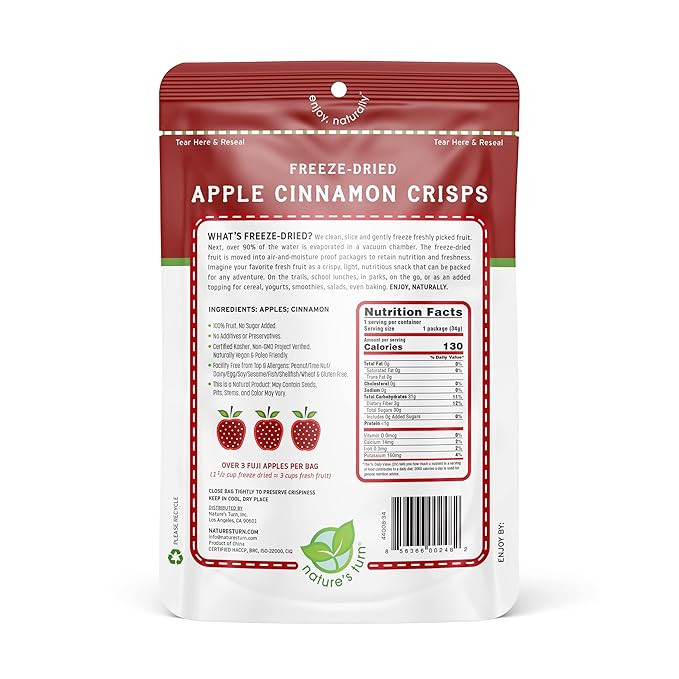 Nature’s Turn Freeze-Dried Apple Cinnamon Crisps – Healthy Gluten-Free Crispy &amp Delicious Plant-Based Snack Ideal for Cereal Smoothies School Lunches &amp On-the-Go Bags of 6 (1.2 oz Each