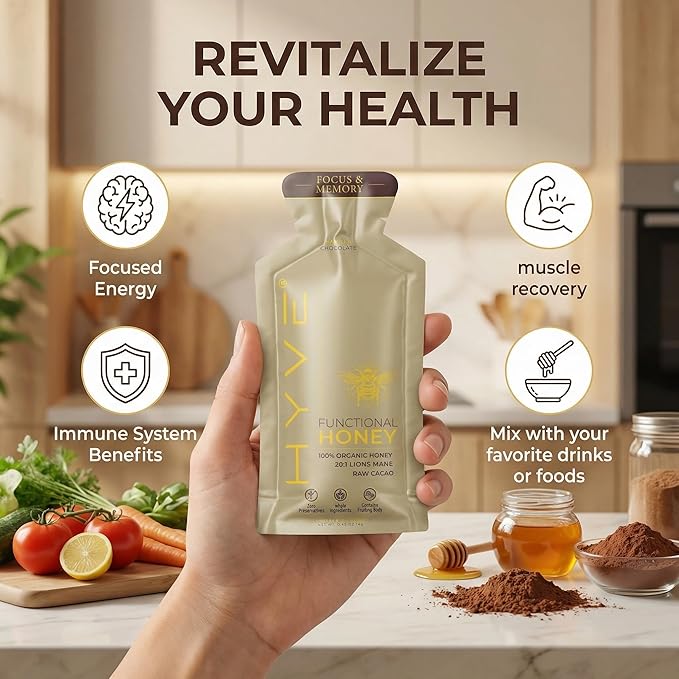 HYVE Mind Functional Honey – Focus &amp Memory Organic Honey with Lion's Mane Mushrooms Raw Cacao Bee Pollen &amp L-Theanine – Cognitive Support 15 Packets