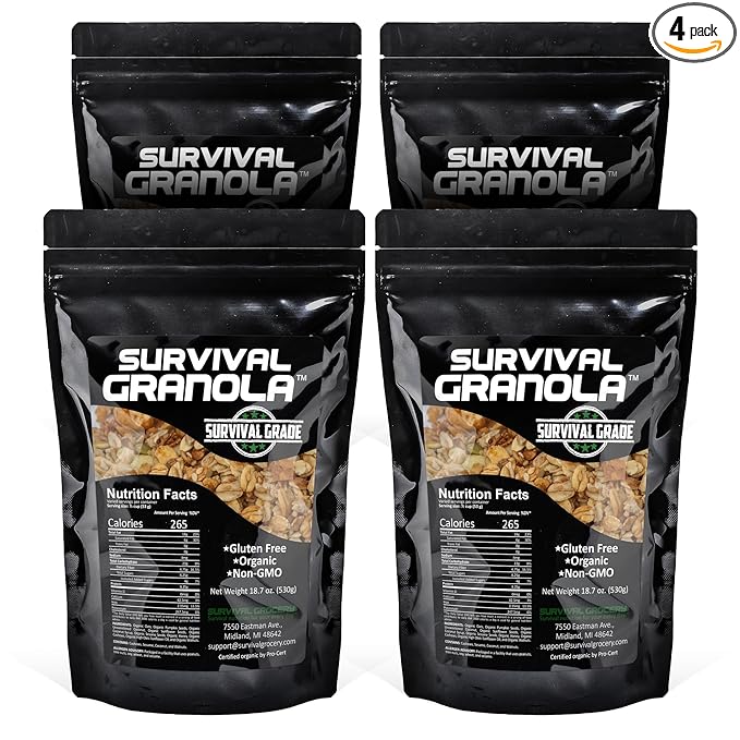 Survival Grocery Organic Ancient Grain Survival Granola™ - Gluten Free Non-GMO No Added Sugar High Protein Snack With Nuts Seeds Coconut and Honey - Ideal for Breakfast Cereal Yogurt or Snack