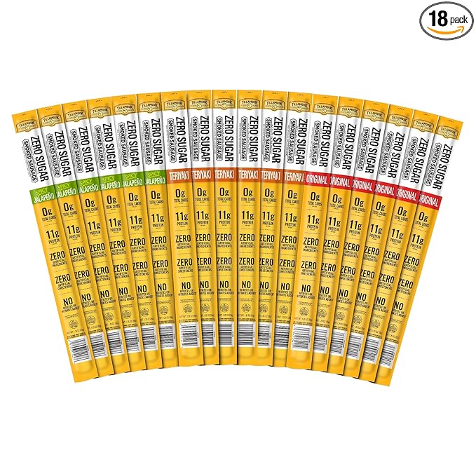 Tillamook Country Smoker Zero Sugar Beef &amp Pork Sticks Variety Pack (18 Count) - Original Spicy Jalapeno &amp Teriyaki Flavors Keto-Friendly Real Hardwood Slow-Smoked 11g Protein Per Serving