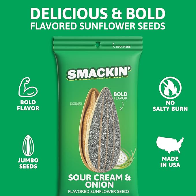 SMACKIN' Sunflower Seeds Roasted Jumbo Small-Batch American Made - Sour Cream &amp Onion 1.5oz bags (6 Pack)