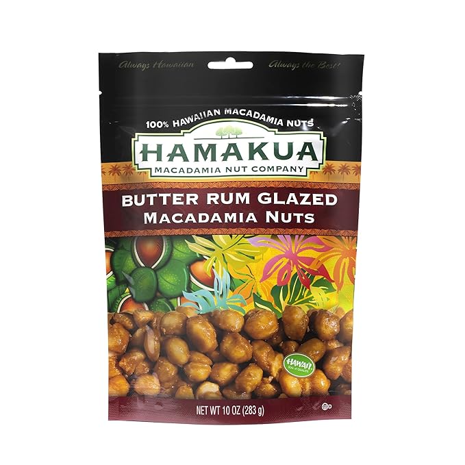 Hamakua Macadamia Nuts - Sweet Glazed Butter Rum - Hawaiian Grown Flavored Dry Roasted Half and Whole Macadamias - Natural Eco-Friendly Large Macadamia Nuts