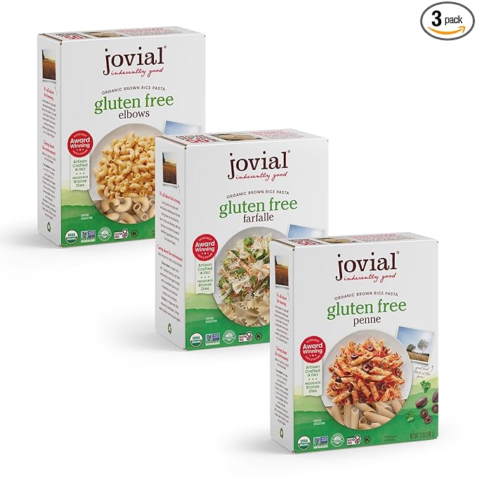 Jovial Brown Rice Farfalle Penne &amp Elbows Pasta - Whole Grain Organic Pasta Gluten Free Dairy Free Made in Italy - 12 Oz 3 Pack Variety