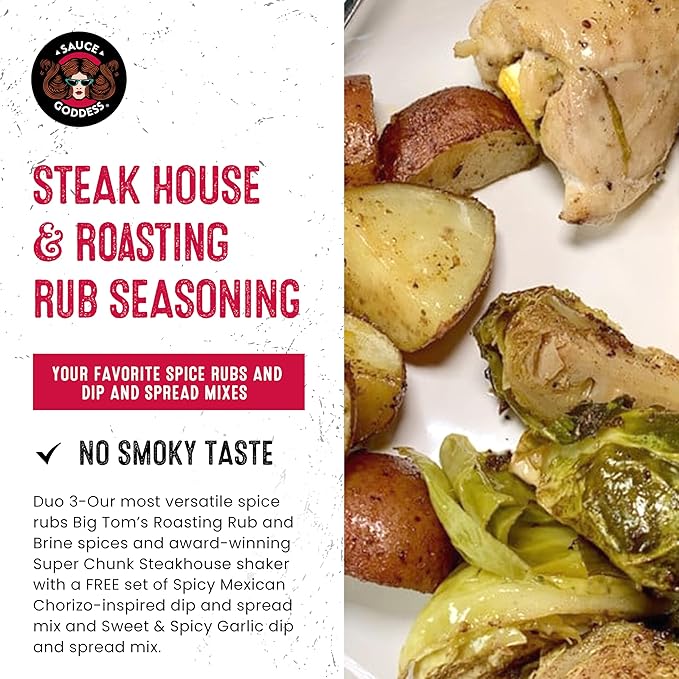 Sauce Goddess - Shaker Duo Deals (Duo #3) - Super Chunk Steak House Big Tom's Turkey Rub Spicy Mexican Chorizo &amp Sweet n’ Spicy Garlic Vegan Dips
