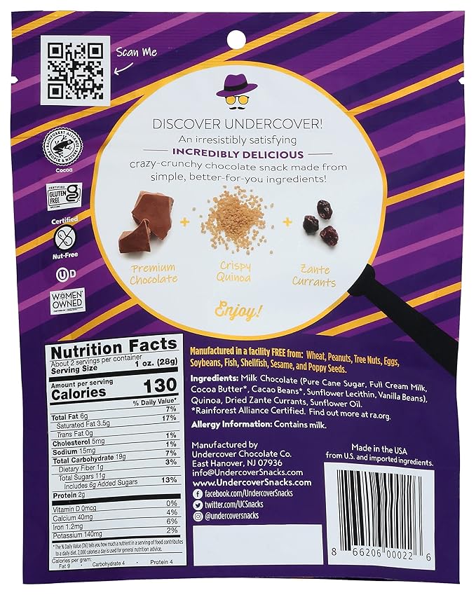 Undercover Chocolate Quinoa Crisps - Milk Chocolate + Currants Quinoa Crisps | 8-Pack 2oz Bags | Gluten Free Nut-Free Allergen Friendly Kosher