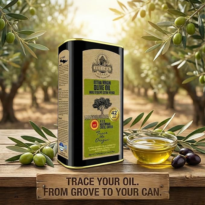 Ellora Farms Single Estate PDO Greek Extra Virgin Olive Oil Cold Pressed &amp Traceable Olive Oil Kosher 1 Lt Tin (33.8 oz.) Pack of 4