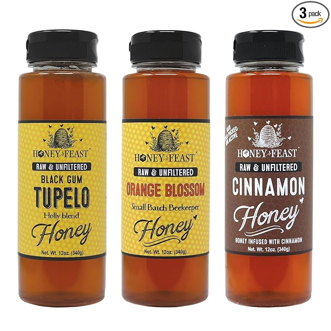 HONEY FEAST Tea Lovers Trio – Includes 12oz Black Gum Tupelo Orange Blossom and Cinnamon Honey – Perfect for Tea Baking and Gourmet Gifts