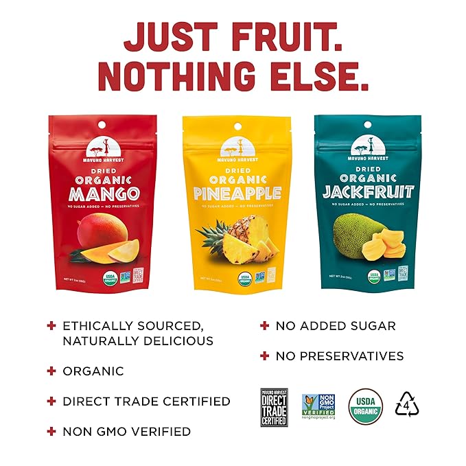 Mavuno Harvest Organic Dried Fruit Variety Pack | Dried Mango Pineapple and Jackfruit | Healthy Vegan No Sugar Added Non GMO Snacks for Kids &amp Adults | 2 Ounce Pack of 6