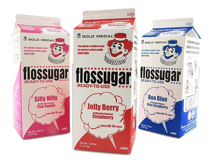 Cotton Candy Floss Sugar- Blue Raspberry Pink Vanilla Strawberry-1/2 Gallon-Three Pack