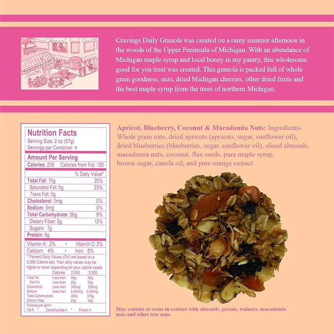 Cravings Daily Granola Variety- 3 Pack- Michigan Cherry &amp Roasted Nuts Apricot Blueberry Coconut &amp Macadamia Nut and Michigan Cherry &amp Sliced Almond