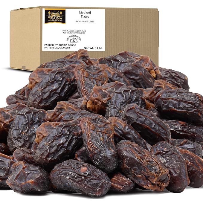 Traina Home Grown California Sun Dried California Medjool Dates - Healthy No Added Sugar Non GMO Gluten Free Kosher Certified Vegan Value Size (5 lbs)