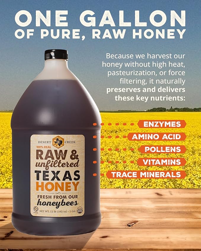 Desert Creek Honey - 100% Unfiltered Pure Raw Honey from Texas - Natural Sugar Substitute - One Gallon of Bulk Unprocessed Unpasteurized American Honey - Harvested by Our Own Beekeepers