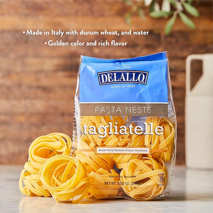 DeLallo Tagliatelle Pasta Noodles Gourmet Nests Made with 100% Durum Wheat Semolina Non-Enriched Flour Bronze Cut Long Flat Ribbon Pasta Made in Italy 8.82 oz. Bag (3 Pack)