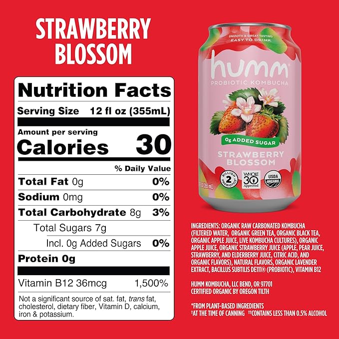 Humm Whole30 Approved Kombucha Strawberry Blossom Organic Vegan &amp GMO Free (12 Pack)
