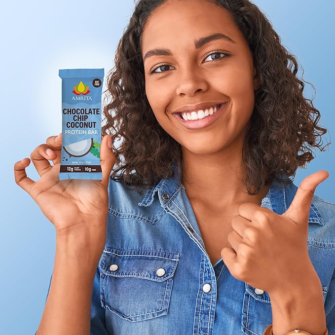 Amrita Nut Free Chocolate Chip Coconut Vegan Protein Bars (12 Count) | 12g Plant-Based Protein Bar | Peanut Free Gluten Free and Dairy Free | Low Sugar High Fiber Healthy School-Safe Snacks