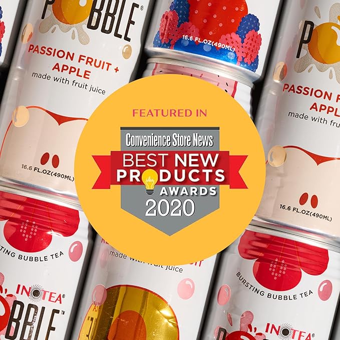Inotea Pobble Bursting Bubble Tea - Refreshing Taiwanese Canned Boba with Popping Pearls - Ready-to-Drink Boba Tea - Enjoy Real Boba Without the Long Lines - Passion Fruit + Apple - 12 pack