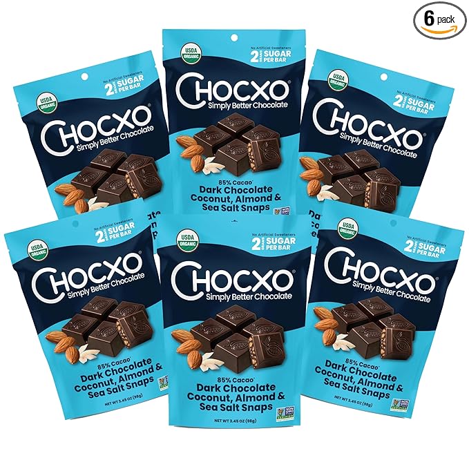 Chocxo Dark Chocolate Coconut Almond &amp Sea Salt Snaps - Low in Sugar Organic 85% Cacao Non-GMO Keto Certified Gluten Free &amp Kosher. No Artificial Sweeteners or Sugar Alcohols 3.45 oz (Pac