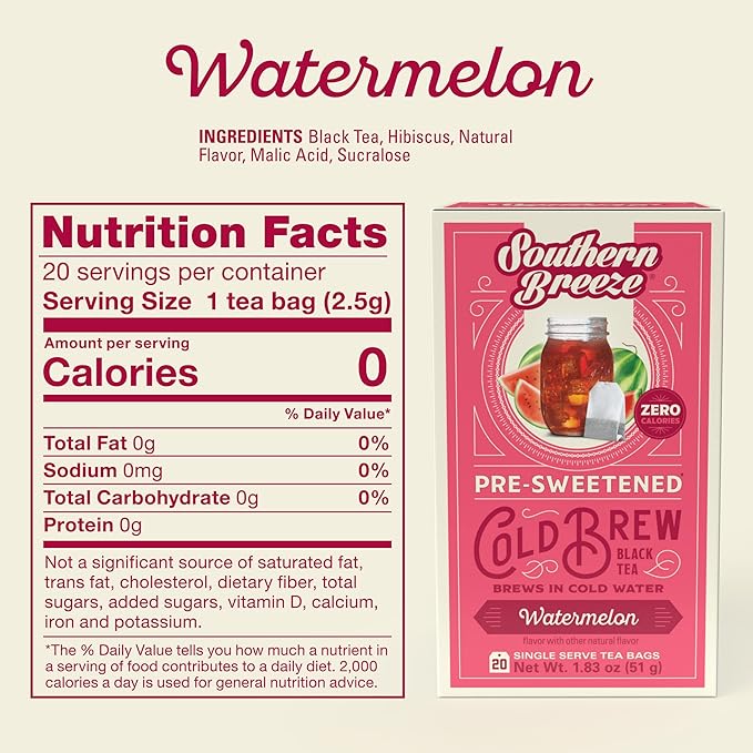 Southern Breeze Cold Brew Sweet Tea Watermelon Iced Tea with Black Tea and Zero Carbs Zero Sugar 20 Individually Wrapped Tea Bags Pack of 4