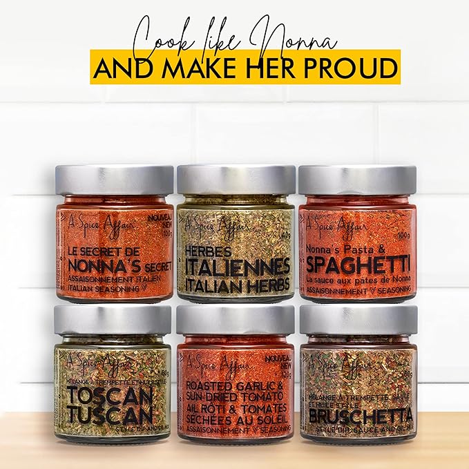 A Spice Affair's Nonna's Kitchen 6-Pack Spices Set - Italian Seasoning Spice Spaghetti Seasoning Mix Tuscan Spice Roasted Garlic &amp Sun-Dried Tomato Powder Bruschetta Seasoning Mix Grill Spice