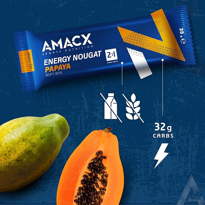 AMACX Energy Nougat Bar for Endurance Athletes – 12 x 37g – Healthy Snacks Fruit and Nut Bars – Sports Nutrition Power Bars – 2:1 Carbohydrates (32g) – Dairy- and Gluten-Free Snack Bars – Papaya