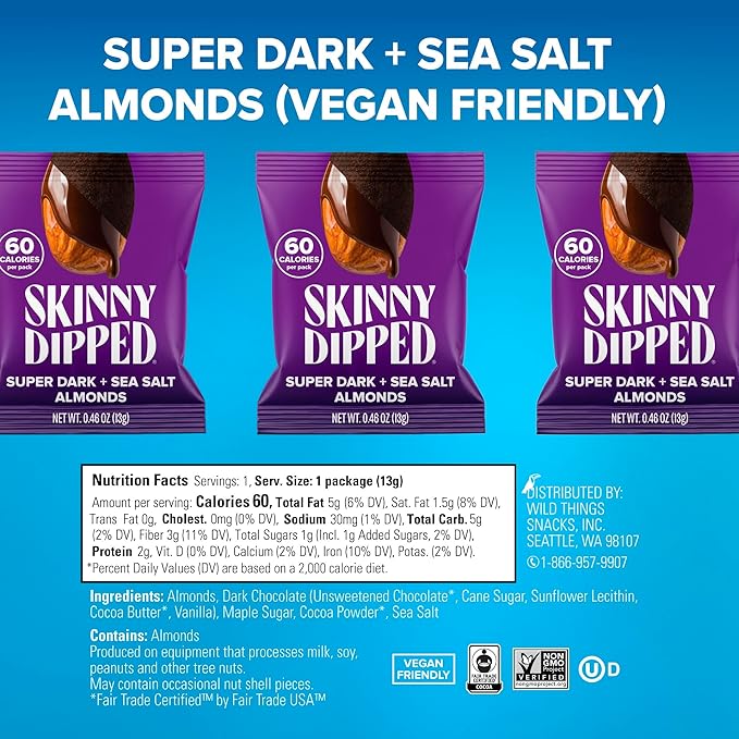 SkinnyDipped Snack Attack Minis Almond Variety Pack Healthy Snack Plant Protein Gluten Free 0.46 oz Mini Bags Pack of 25