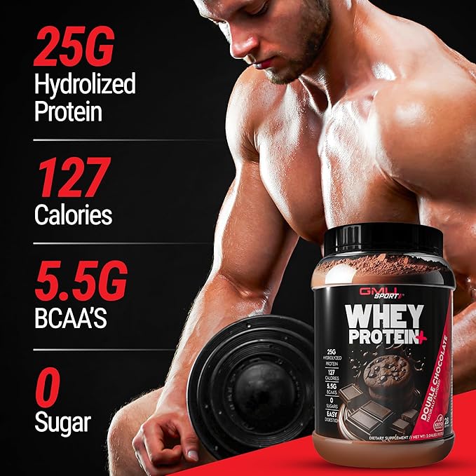 GMU SPORT - Whey Protein+ 28 Servings - No Filler Whey Protein Powder for Women and Men - Low-Calorie Sugar-Free Fast-Absorbing Protein Supplement for Muscle Growth &amp Recovery Double Chocolate