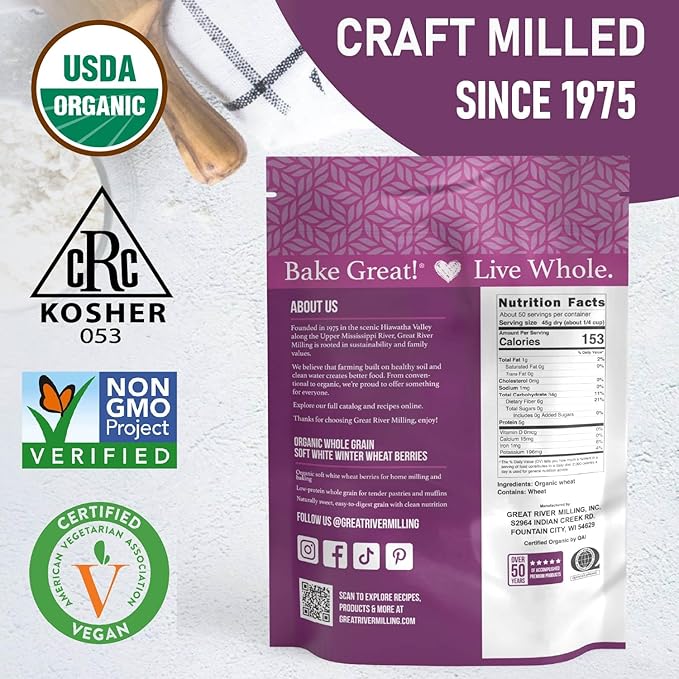 Great River Milling Organic Soft White Winter Wheat | Whole Grain Wheat Berries for Baking &amp Milling | USDA Organic Non-GMO Kosher | Ideal for Pastries Tender Breads Desserts Soup &amp Salad