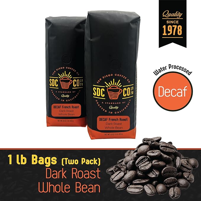 San Diego Coffee DECAF French Roast Dark Roast Whole Bean Coffee 16-Ounce Bags (Pack of 2) Café en grano tostado descafeinado