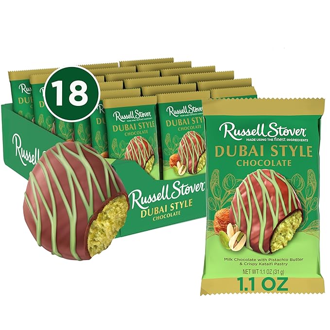 Russell Stover Dubai Style Pistachio &amp Kataifi In Milk Chocolate Candy Bar 1.1 Oz. (Pack of 18)