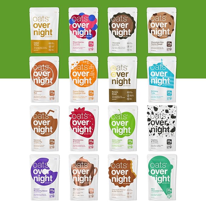 Oats Overnight Ultimate Variety Pack - High Protein 5g Fiber Breakfast Protein Shake - Gluten Free Oatmeal Non GMO High Protein Oatmeal - Green Apple Cinnamon Coconut Cream Pie &amp More (16 Pack)