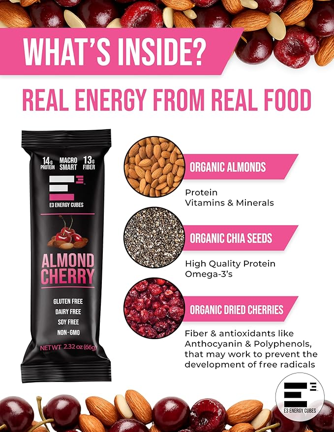 E3 Energy Cubes- Almond Cherry Refrigerated Protein Bars - (66g) 14g Protein | 13g Fiber | Gluten Free Dairy Free Soy Free Non-GMO No Artificial Ingredients Macro Smart Prebiotic Fiber Rich | Ma