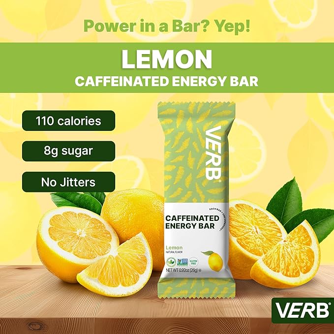 Verb Caffeinated Energy Bars Lemon (26g Pack of 16) 110-Calorie Delicious Low Sugar Energy Bar - Vegan Gluten Free On-the Go Snack with 80mg Green Tea Caffeine Only Real-Food Ingredients