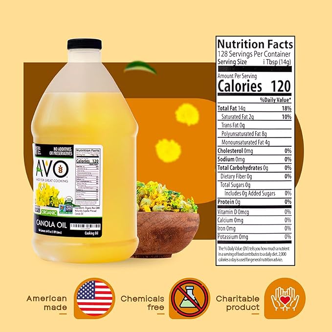 AVO Organic Canola Oil for Cooking Frying Baking Salads Vinaigrette Marinades - General Organic Cooking Oil 64 Fl-oz (Half a Gallon) NO preservatives added High Smoke Point 465°F