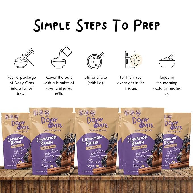Dozy Oats Overnight Oatmeal Packets Cinnamon Raisin Multipack with Rolled Oats Chia Seeds Date Powder Cinnamon and Raisins. Gluten-Free Natural Source of Protein and Fiber 12-Pack