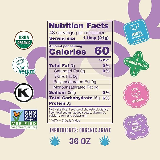 Agave Syrup Organic Blue Agave Nectar Sweetener Low Glycemic Sugar Alternative Vegan Gluten Free Non-GMO All-Natural Liquid Sweetener 2 Pack 36 oz