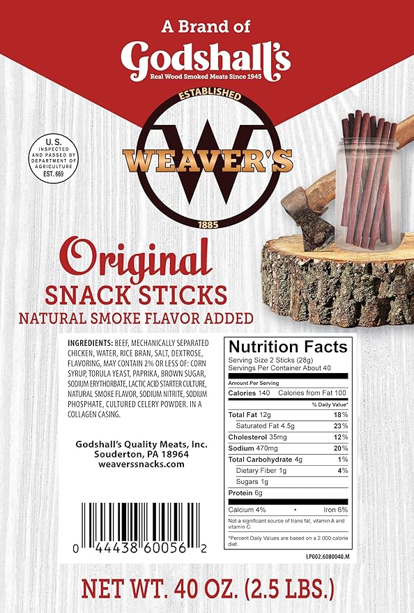 Weaver’s Original Snack Sticks (80 mild flavored 7 beef and chicken snack sticks per 40oz bag)