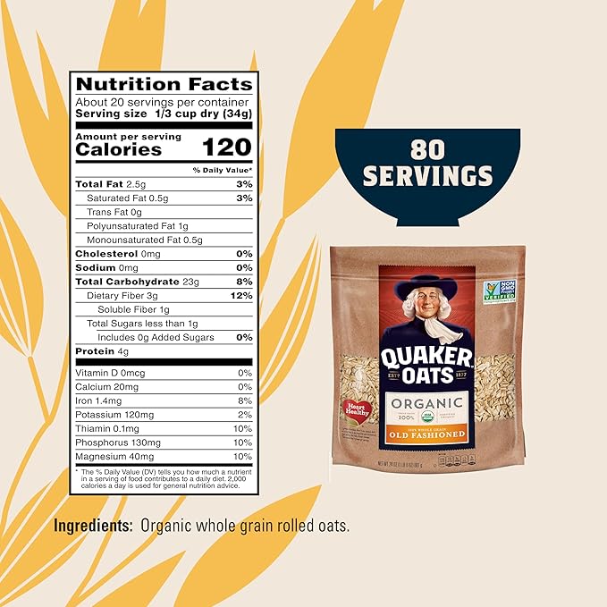 Quaker Old Fashioned Rolled OatsUSDA OrganicNon GMO Project Verified24oz Resealable Bags(Pack of 8)