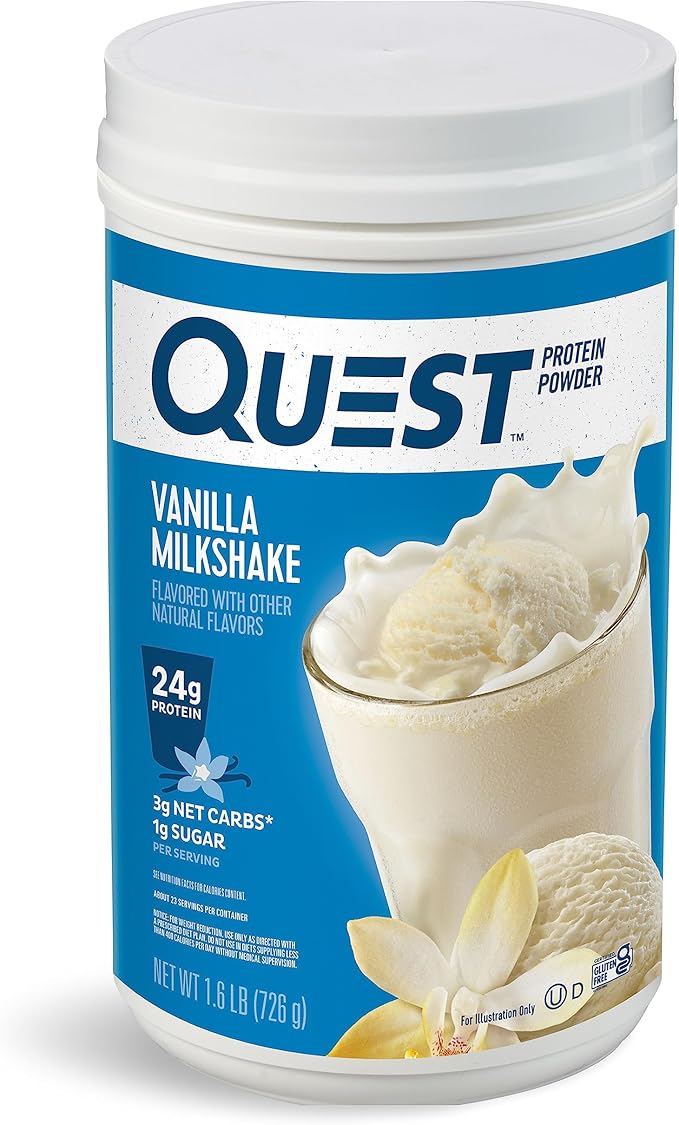 Quest Nutrition Vanilla Milkshake Protein Powder 24g of Protein 1g of Sugar 1.6 Pound 23 Servings &amp Salted Caramel Protein Powder 26g Protein 1g Sugar Low Carb Gluten Free