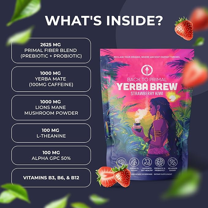 Yerba Mate Instant Tea Powder – Zero Sugar Drink with Nootropics Prebiotics &amp Probiotics for Clean Energy &amp Focus – Coffee Alternative for Mental Clarity &amp Gut Health Support - Strawberry