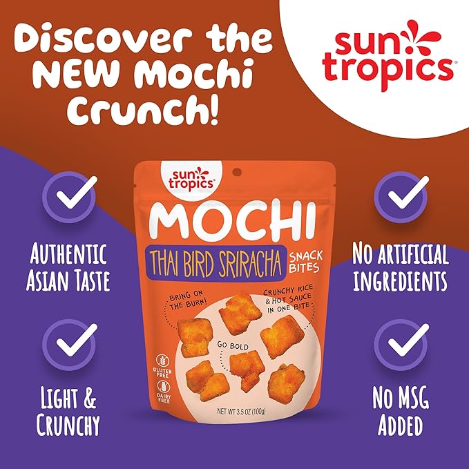 Sun Tropics Mochi Snack Bites Thai Bird Sriracha Flavor- 3.5 oz (6 Pack)| Crispy Spicy Mochi Bites Rice Nuggets | Mochi Puff Rice Crackers- Gluten Free &amp Dairy Free- No MSG Added | Asian Rice Sn