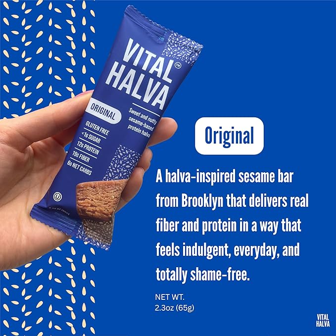 Vital Halva Gut-Friendly Sesame Bar 19g Fiber 12g Protein &lt1g Sugar Gluten-Free Vegan Snack - Original 65g (Box of 10)