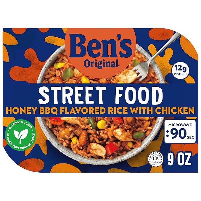 BEN'S ORIGINAL Street Food Honey BBQ Flavored Rice with Chicken Prepared Entrée Microwavable Heat-&amp-Eat Bowl in 90 Seconds 9 oz (Pack of 6)